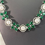 Emerald Green Pearl CZ Silver Tone Necklace Earrings Set
