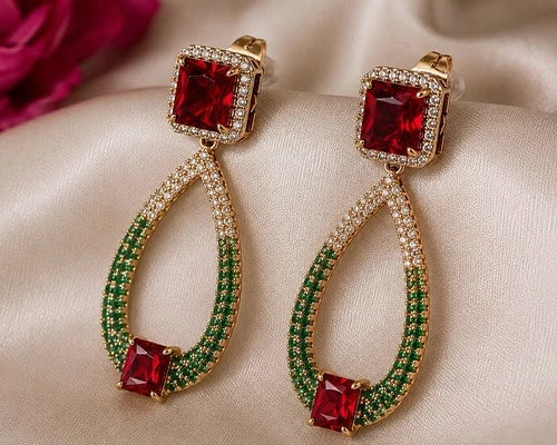Noor & Co Ruby Deep Red And  Emerald Green Statement Earrings