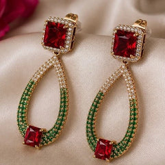 Noor & Co Ruby Deep Red And  Emerald Green Statement Earrings