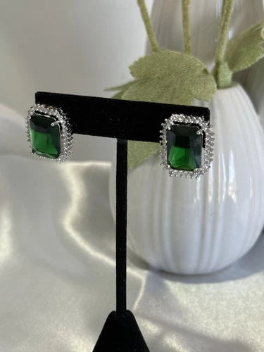 Emerald Green CZ Rectangle Stud Earrings Silver Tone Party Jewelry