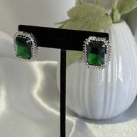 Emerald Green CZ Rectangle Stud Earrings Silver Tone Party Jewelry