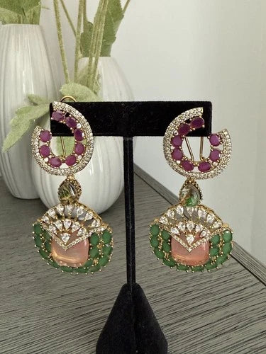 Luxury Pink & Green Statement Earrings | Pakistani Jewelry | Bridal Earrings