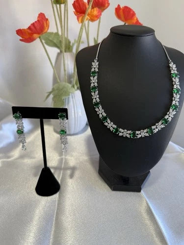 Emerald Green CZ Necklace & Earrings Set Silver Tone Wedding Jewelry