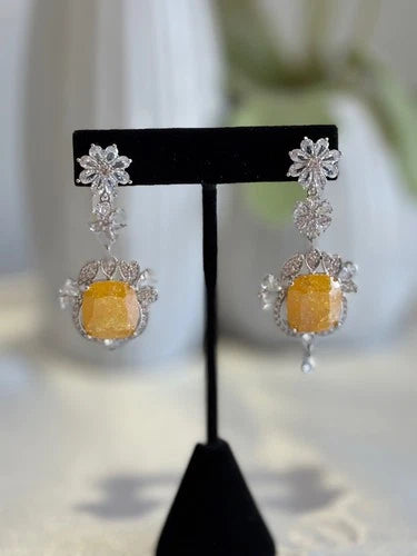 Yellow Stone CZ Silver Tone Drop Earrings Pakistani Indian Statement Jewelry