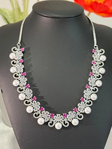 Pink Pearl CZ Silver Tone Necklace Earrings Set Indian Pakistani Bridal Jewelry