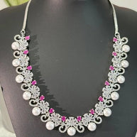 Pink Pearl CZ Silver Tone Necklace Earrings Set Indian Pakistani Bridal Jewelry