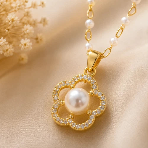 Gold Tone Flower Pendant Necklace Pearl Look Center Sparkling Fashion Jewelry