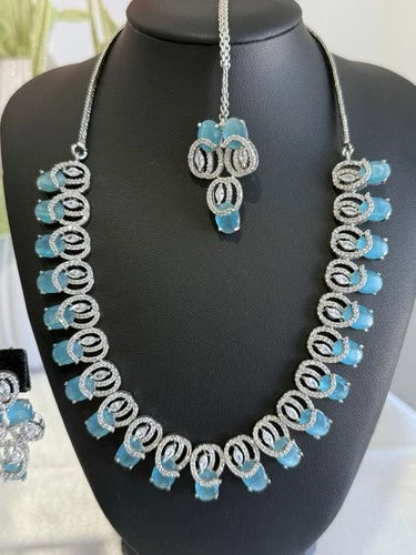Aqua Blue CZ Necklace Earrings Tikka Set Silver Tone Pakistani Jewelry