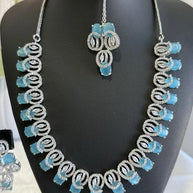 Aqua Blue CZ Necklace Earrings Tikka Set Silver Tone Pakistani Jewelry