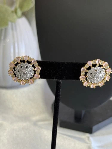 Baby Pink CZ Floral Stud Earrings Gold Tone Party Jewelry