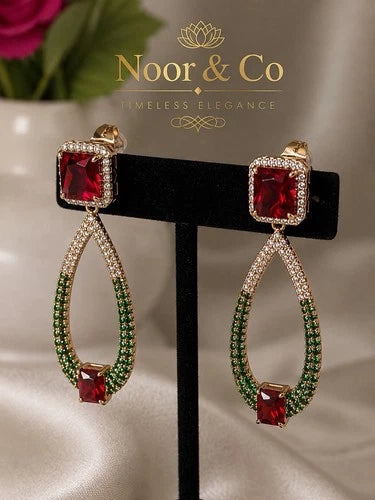 Noor & Co Ruby Deep Red And  Emerald Green Statement Earrings