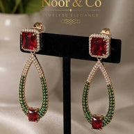Noor & Co Ruby Deep Red And  Emerald Green Statement Earrings