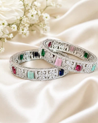 Multicolor CZ Silver Tone Bangle Bracelet Set of 2 Indian Pakistani Jewelry 2.10
