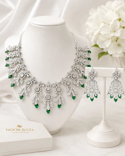 Emerald Green CZ Crystal Silver Necklace Earrings Set Indian Bridal Jewelry