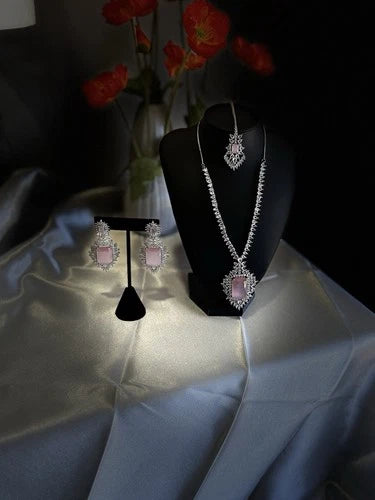 Pink CZ Necklace Earrings Tikka Set Silver Tone Pakistani Indian Jewelry