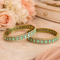 Mint Green CZ Gold Tone Bangle Bracelet Set of 2 Indian Pakistani Jewelry 2.10
