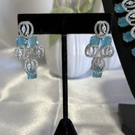 Aqua Blue CZ Necklace Earrings Tikka Set Silver Tone Pakistani Jewelry