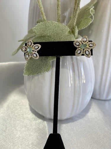 Mint Green CZ Flower Stud Earrings Gold Tone Party Jewelry