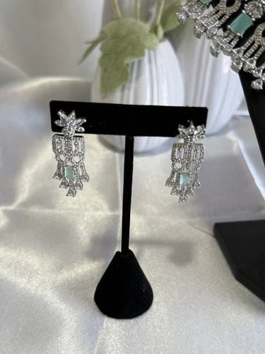 Mint Green CZ Choker Necklace Earrings Set Silver Tone Pakistani Jewelry