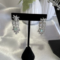 Mint Green CZ Choker Necklace Earrings Set Silver Tone Pakistani Jewelry