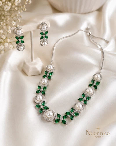 Emerald Green Pearl CZ Silver Tone Necklace Earrings Set