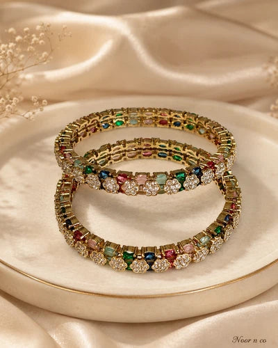 Multicolor CZ Flower Gold Tone Bangle Set Size 2.10 Indian Pakistani Jewelry