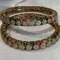Multicolor CZ Flower Gold Tone Bangle Set Size 2.10 Indian Pakistani Jewelry