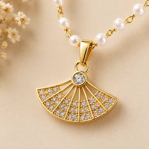 Gold Tone Fan Pendant Necklace Pearl Look Beaded Chain Sparkling Fashion Jewelry