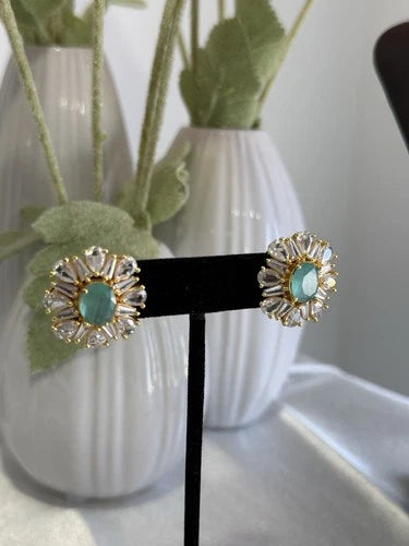 Mint Green CZ Round Stud Earrings Gold Tone Party Jewelry