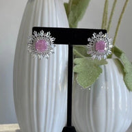 Pink Stone CZ Silver Tone Halo Stud Earrings Pakistani Indian Jewelry