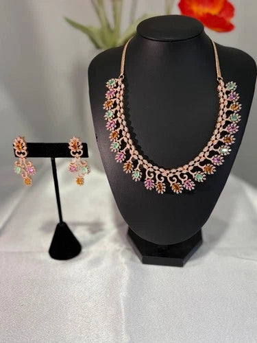 Rose Gold Multicolor CZ Necklace Earrings Set Indian Pakistani Bridal Jewelry