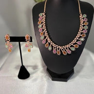 Rose Gold Multicolor CZ Necklace Earrings Set Indian Pakistani Bridal Jewelry
