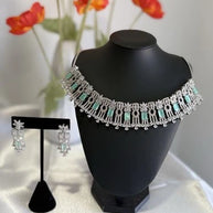 Mint Green CZ Choker Necklace Earrings Set Silver Tone Pakistani Jewelry