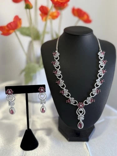 Pink Crystal CZ Necklace & Earrings Set Silver Tone Wedding Jewelry