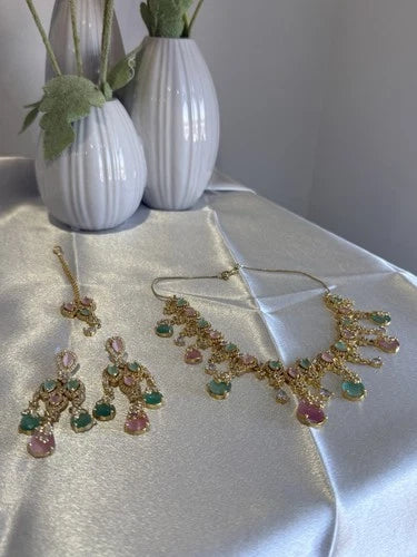 Pastel Pink Mint Gold Tone Necklace Earrings Tikka Pakistani Jewelry Set