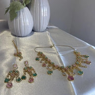 Pastel Pink Mint Gold Tone Necklace Earrings Tikka Pakistani Jewelry Set