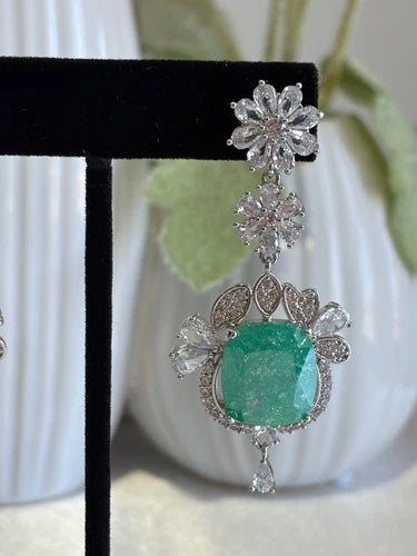 Mint Green CZ Silver Tone Drop Earrings Pakistani Indian Statement Jewelry