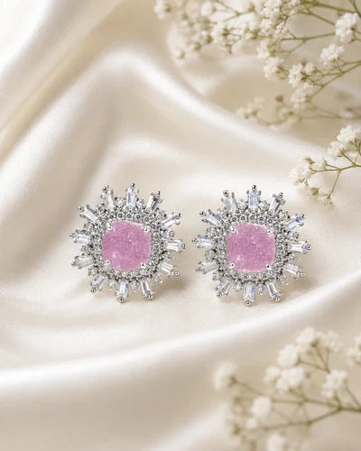Pink Stone CZ Silver Tone Halo Stud Earrings Pakistani Indian Jewelry
