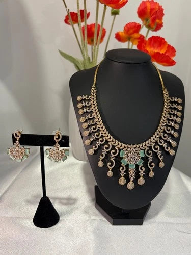 Gold Tone Mint Green CZ Necklace Earrings Set Indian Pakistani Bridal Jewelry