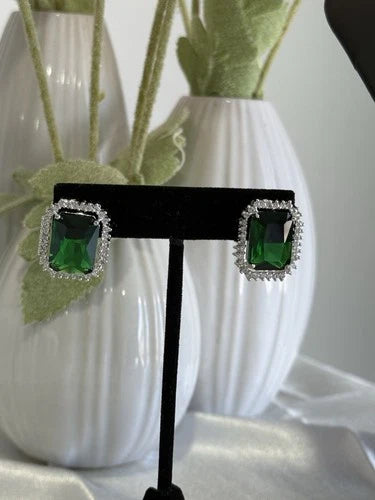Emerald Green CZ Rectangle Stud Earrings Silver Tone Party Jewelry