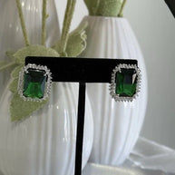 Emerald Green CZ Rectangle Stud Earrings Silver Tone Party Jewelry