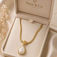 Gold Tone Teardrop Pendant Necklace Iridescent Pearl Look Statement Jewelry
