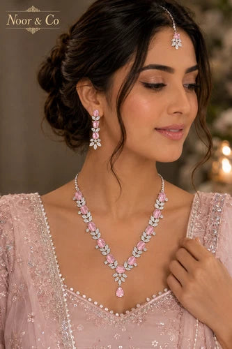 Blush Pink American Diamond Necklace, Earrings & Tikka Set