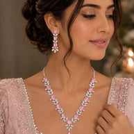 Blush Pink American Diamond Necklace, Earrings & Tikka Set