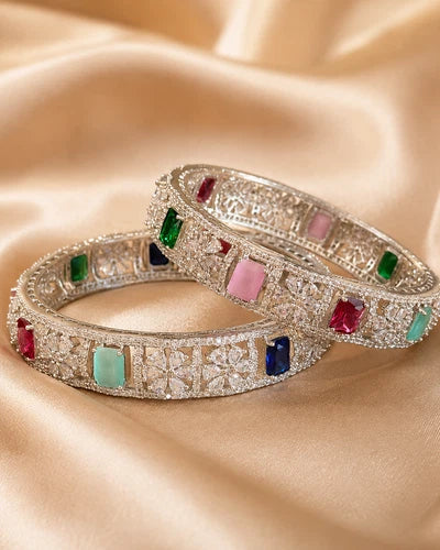Multicolor CZ Silver Tone Bangle Bracelet Set of 2 Indian Pakistani Jewelry 2.10
