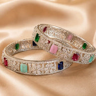 Multicolor CZ Silver Tone Bangle Bracelet Set of 2 Indian Pakistani Jewelry 2.10