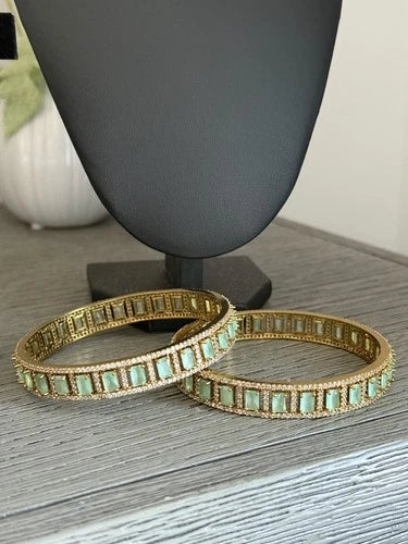Mint Green CZ Gold Tone Bangle Bracelet Set of 2 Indian Pakistani Jewelry 2.10