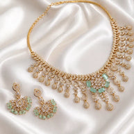 Gold Tone Mint Green CZ Necklace Earrings Set Indian Pakistani Bridal Jewelry