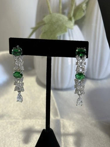 Emerald Green CZ Necklace & Earrings Set Silver Tone Wedding Jewelry