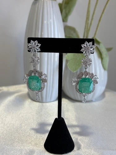 Mint Green CZ Silver Tone Drop Earrings Pakistani Indian Statement Jewelry